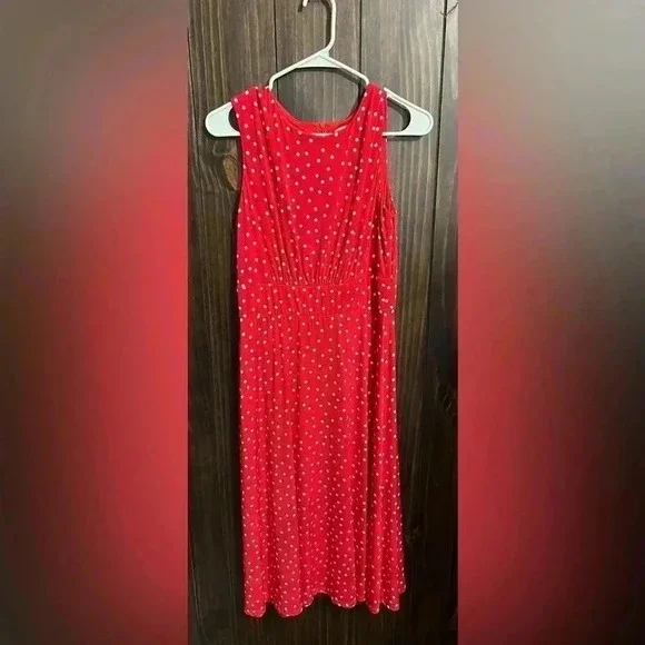 LONDON TIMES Sleeveless Flare Midi Dress Red with White Polkadots-Size: US 8 - Picture 4 of 10